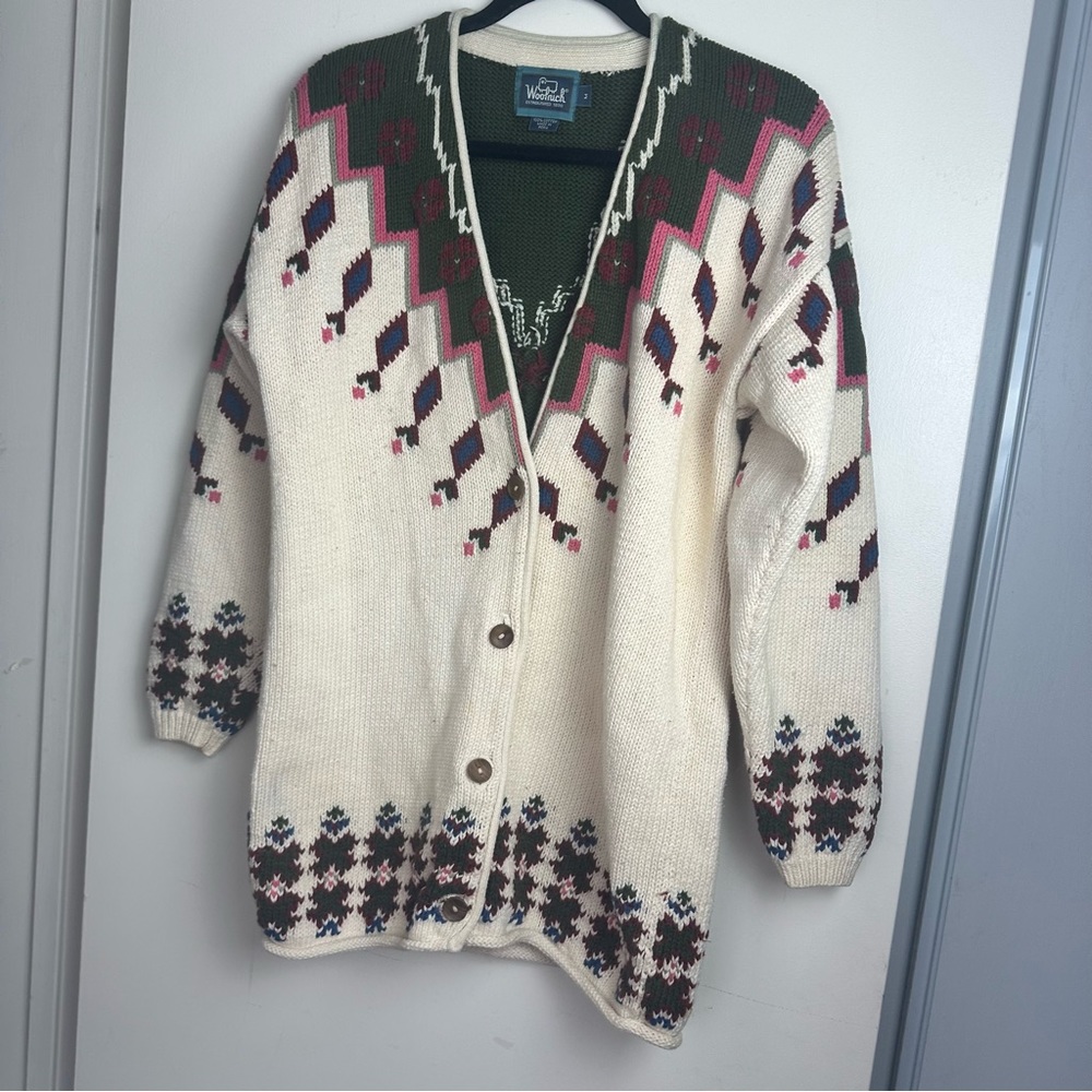 WoolRich Vintage Chunky Knit Cream/Multicolored Button Front Cardigan Sweater M